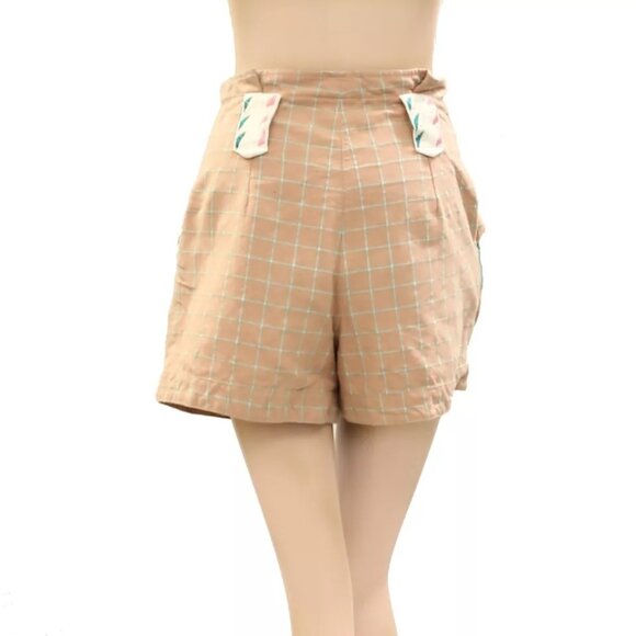 Sezane Plaid & Check Embroidered Shorts Pull-On High Waisted Cotton S-36 273572 - Picture 3 of 5